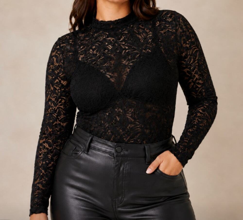 NWOT Banana Republic Black Lack Mock Turtleneck Bodysuit XL